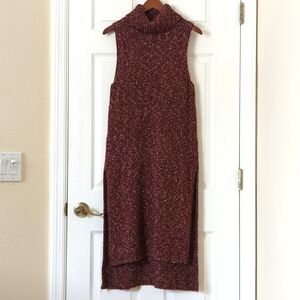 Anthropologie Marled Knit Sleeveless Side Slit Turtleneck Sweater Tunic Burgundy